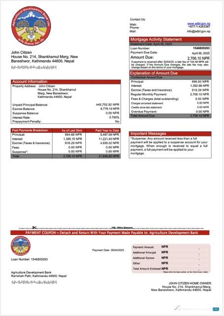 Download Nepal Agriculture Development Bank mortgage statement Word and PDF template Photoshop template